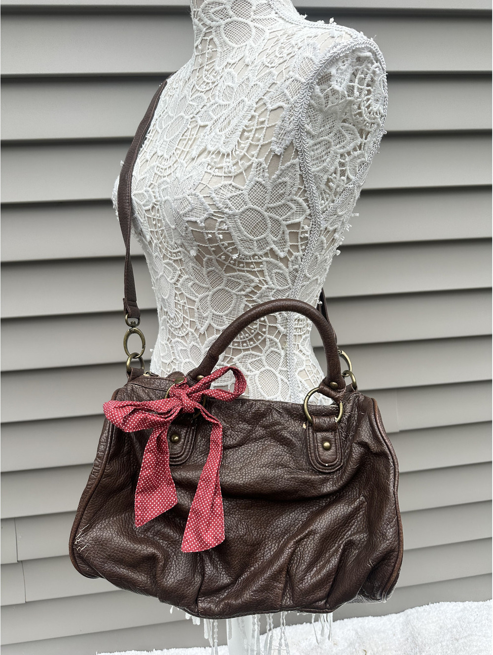 Deux Lux American Eagle Outfitters Brown Satchel Bag with Red Polka Dot Bow